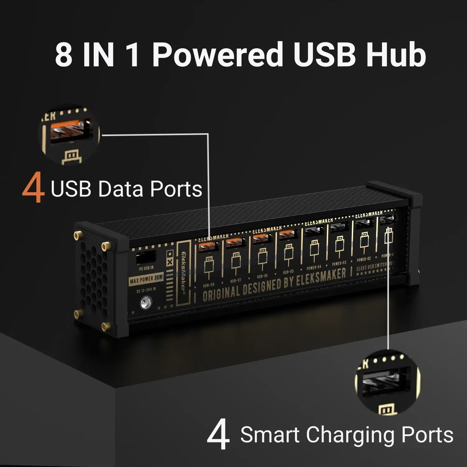 8-Port USB Data Hub with Individual LED Power Switches & Voice Control