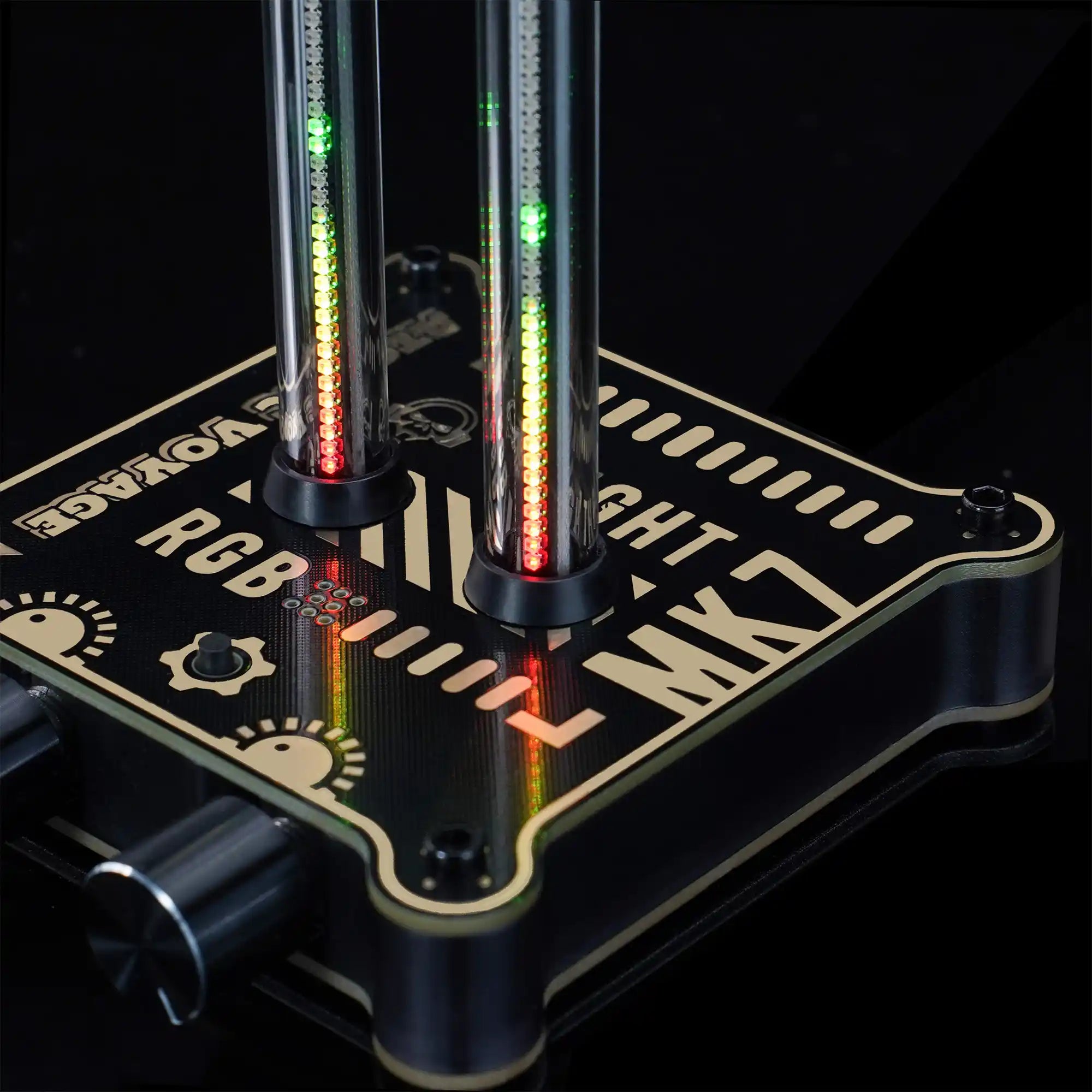 Close-up of a LED light strip with RGB colors on a black background
