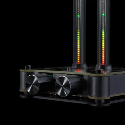 Electronic device with LED lights on a black background