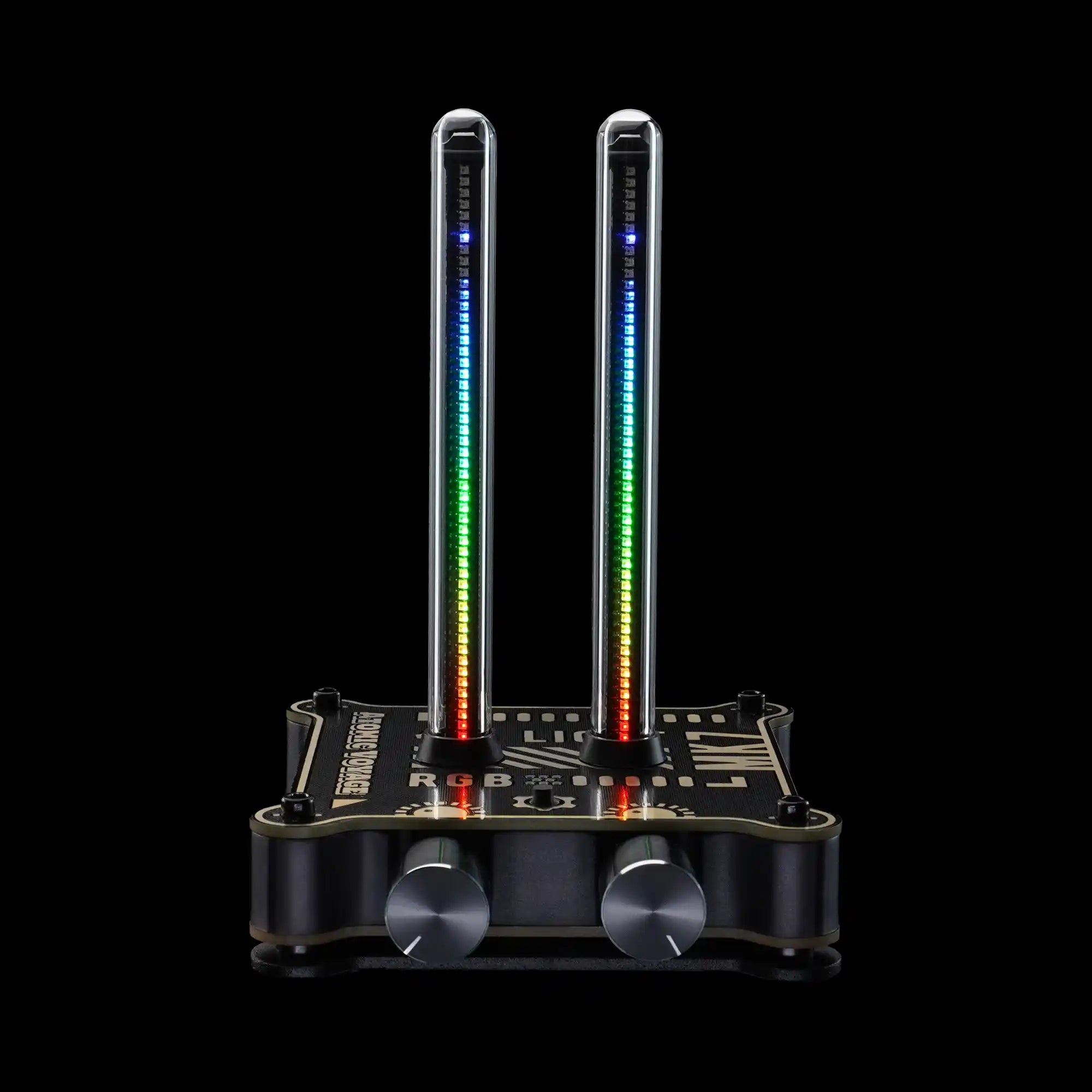 Electronic device with RGB LED bars and control knobs on a black background